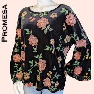 Promesa USA Boho Top Large Black  Pink Floral Embroidered Stretch Velvet Hippie